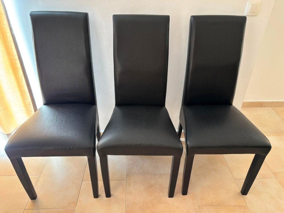 6 zwarte eetkamerstoelen – 3 gebruikt + 3 met schade, Huis en Inrichting, Ophalen, Kunststof, Gebruikt, Zwart