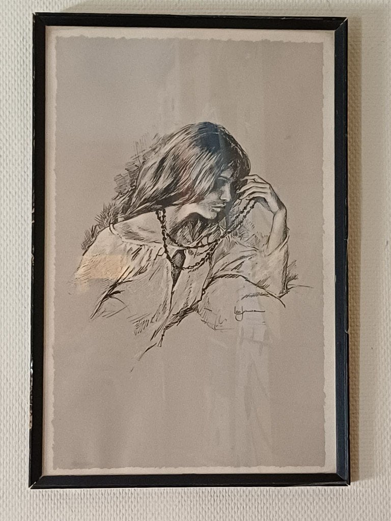 Impression Vintage Léo Jansen - Portrait de femme bohème, Antiek en Kunst, Kunst | Schilderijen | Klassiek, Vintage, Print, Achter glas