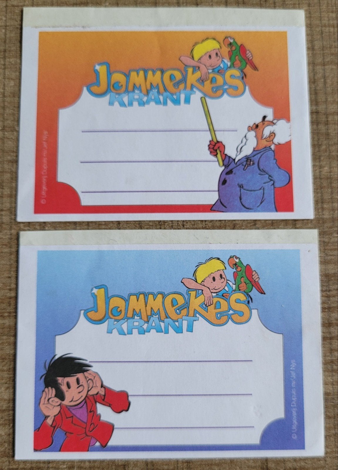 Jommeke: 2 etiketten, Verzamelen, Ophalen of Verzenden, Overige figuren, Zo goed als nieuw, Plaatje, Poster of Sticker