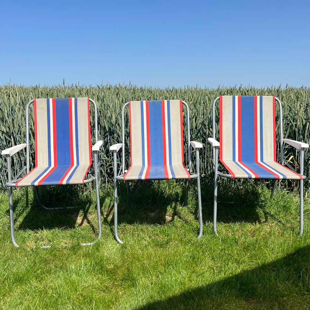 3 vintage plooistoelen / kampeerstoelen gestreept, Ophalen