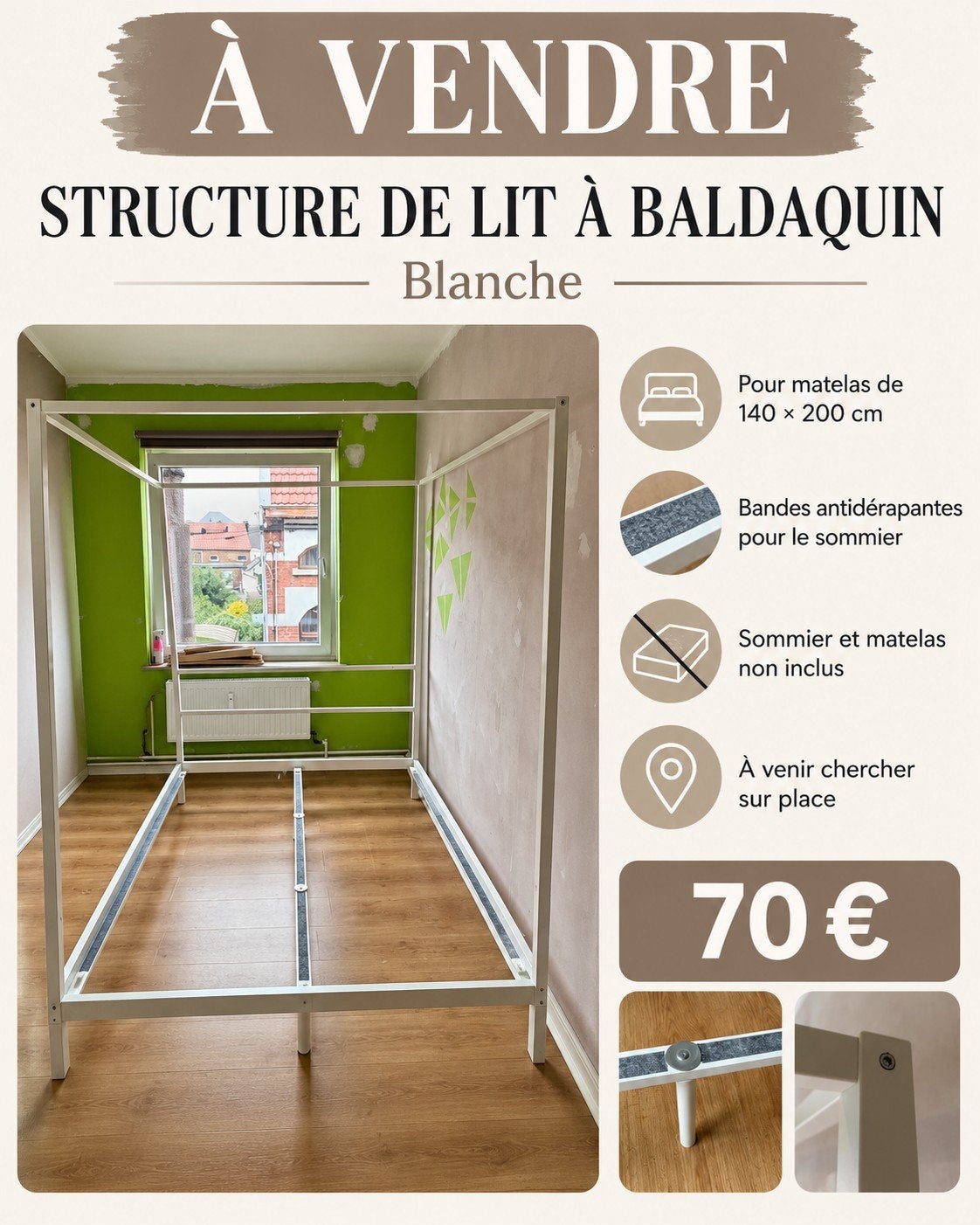 Structure de lit baldaquin, Ophalen, Wit, Tweepersoons, 140 cm