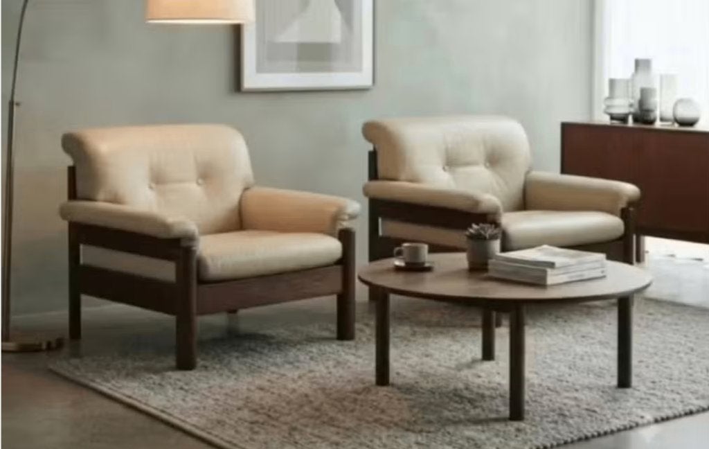 2 x designer vintage lederen scandinavische zetel, Huis en Inrichting, Ophalen