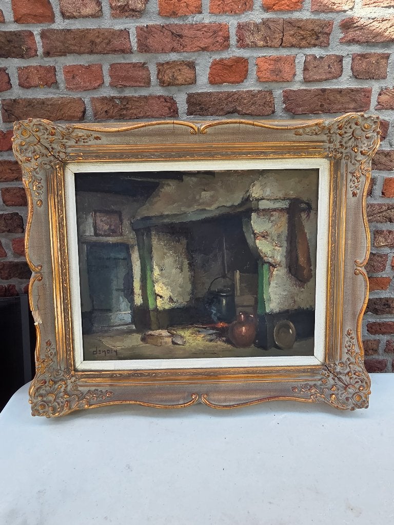 Gesigneerd vintage schilderij interieur – olieverf, Ophalen, Doek, Gesigneerd, Olieverf