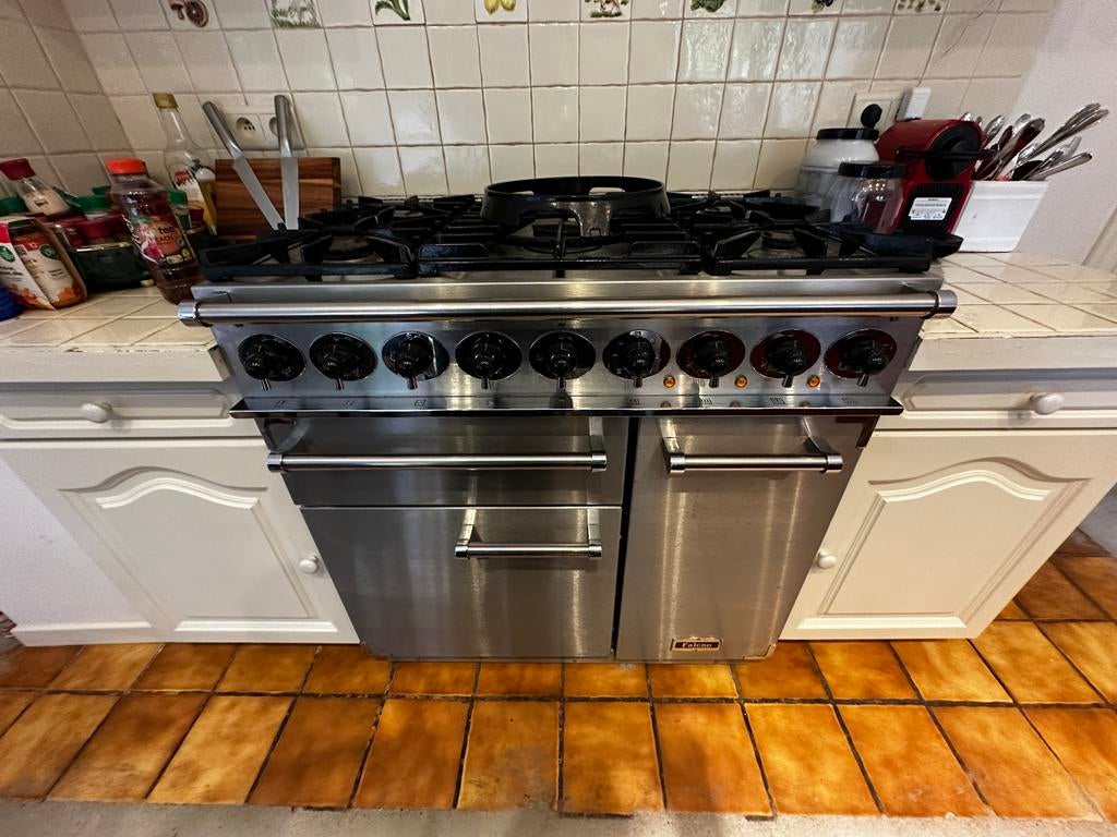 Falcon inox gasfornuis 90 cm – 5 branders + grill + ovens, Ophalen, Gebruikt, Warmhoudplaat, Gas
