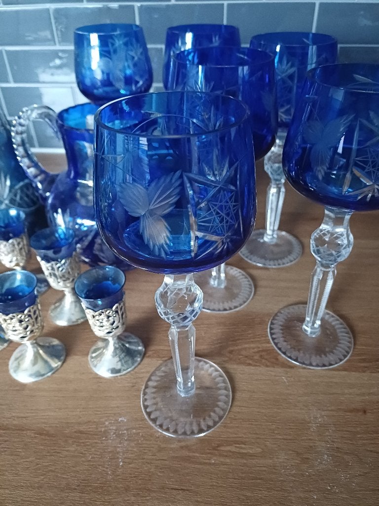 Antieke Karaf met glazen  kobalt blauw, Enlèvement ou Envoi