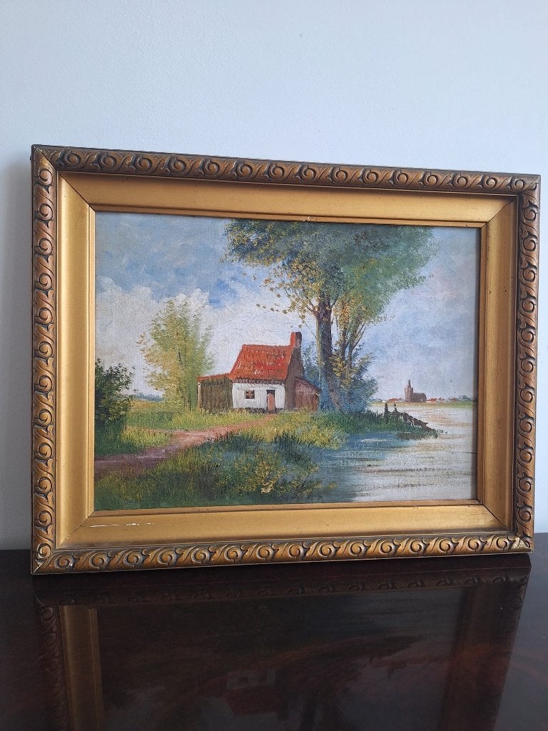 Schilderij: Oud Hollands Landschap met Boerderij, Antiquités & Art, Art | Peinture | Classique, Enlèvement ou Envoi, Signé, Paysage