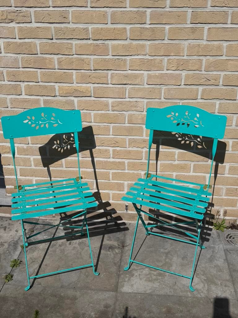 4 chaises de patio pliantes en vert/bleu, Enlèvement, Utilisé, Métal, Pliant