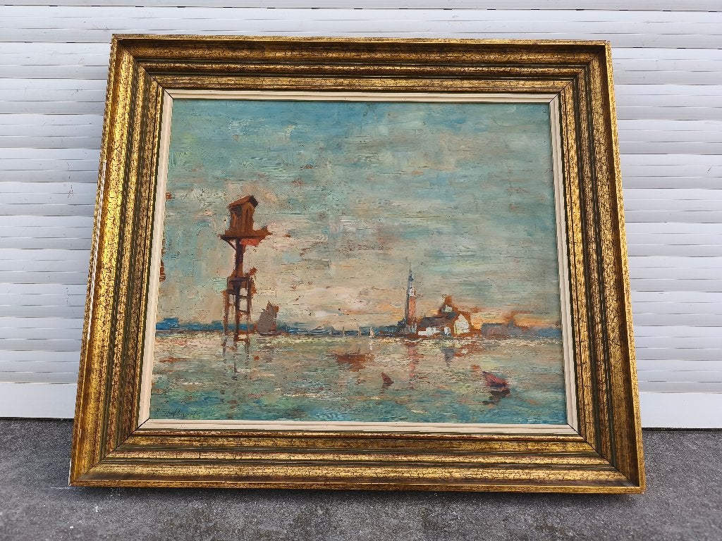 Huile sur panneau venise signe pieter stobbaerts, Antiquités & Art, Enlèvement, Réaliste, Panneau