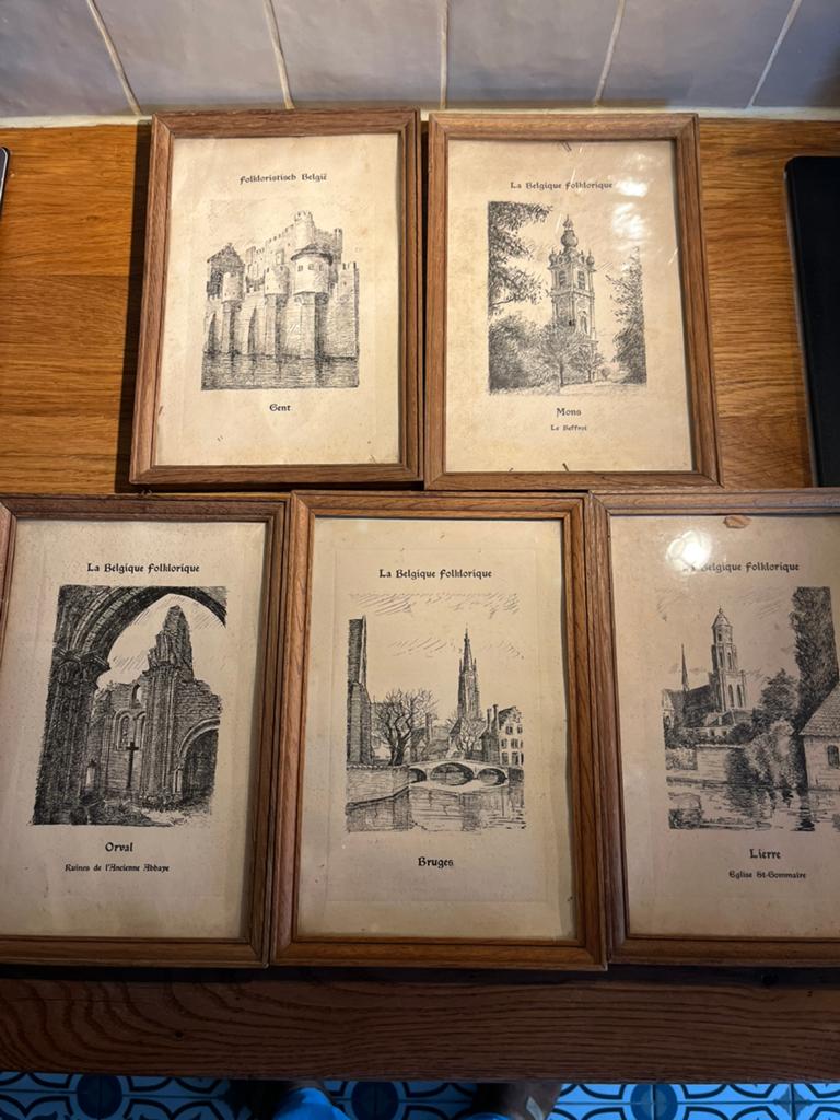 Vintage Belgische prenten –  Set van 5 ca. 1930/1940, Antiek en Kunst, Ophalen