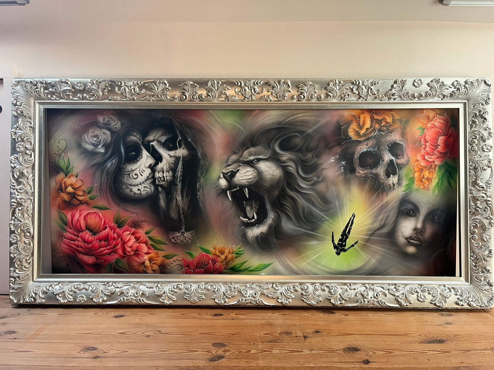 Schilderij ín airbrush en pinstripe met kader, Antiquités & Art, Autres sujets, Autres techniques, Enlèvement, Autres styles