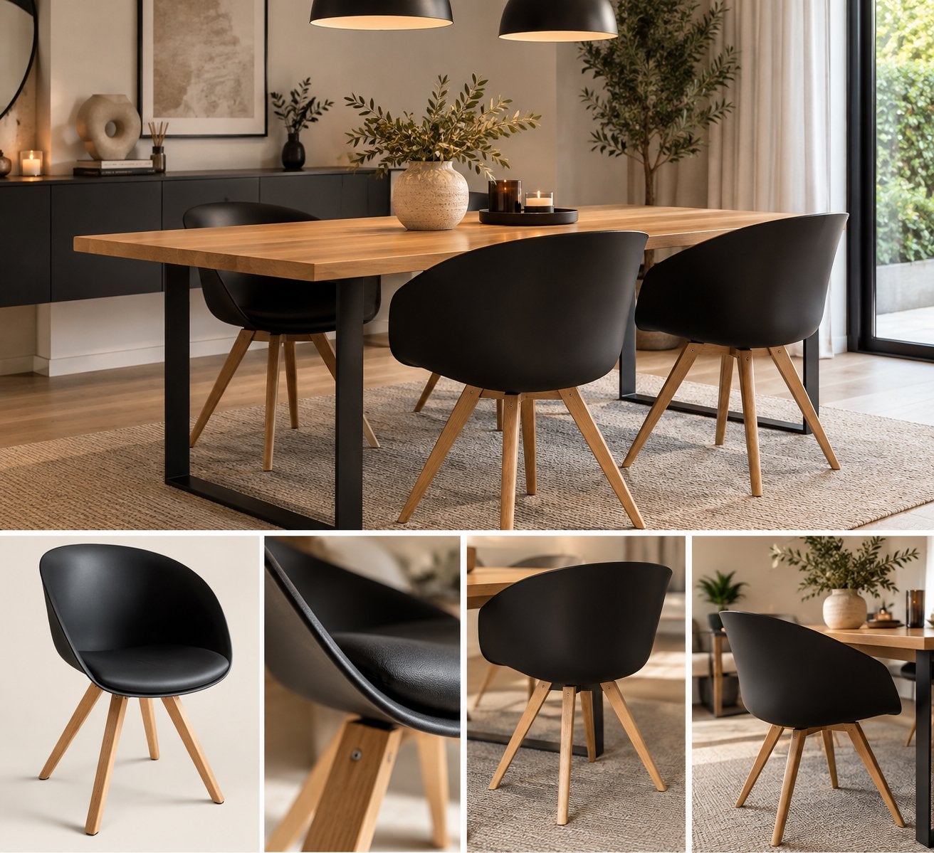 Set van 4 KICK Collection zwarte kuipstoelen & houten poten, Huis en Inrichting, Ophalen, Zwart, Zo goed als nieuw, Vier