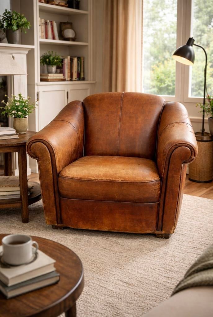 Vintage lederen clubfauteuil, Ophalen, Gebruikt, Leer