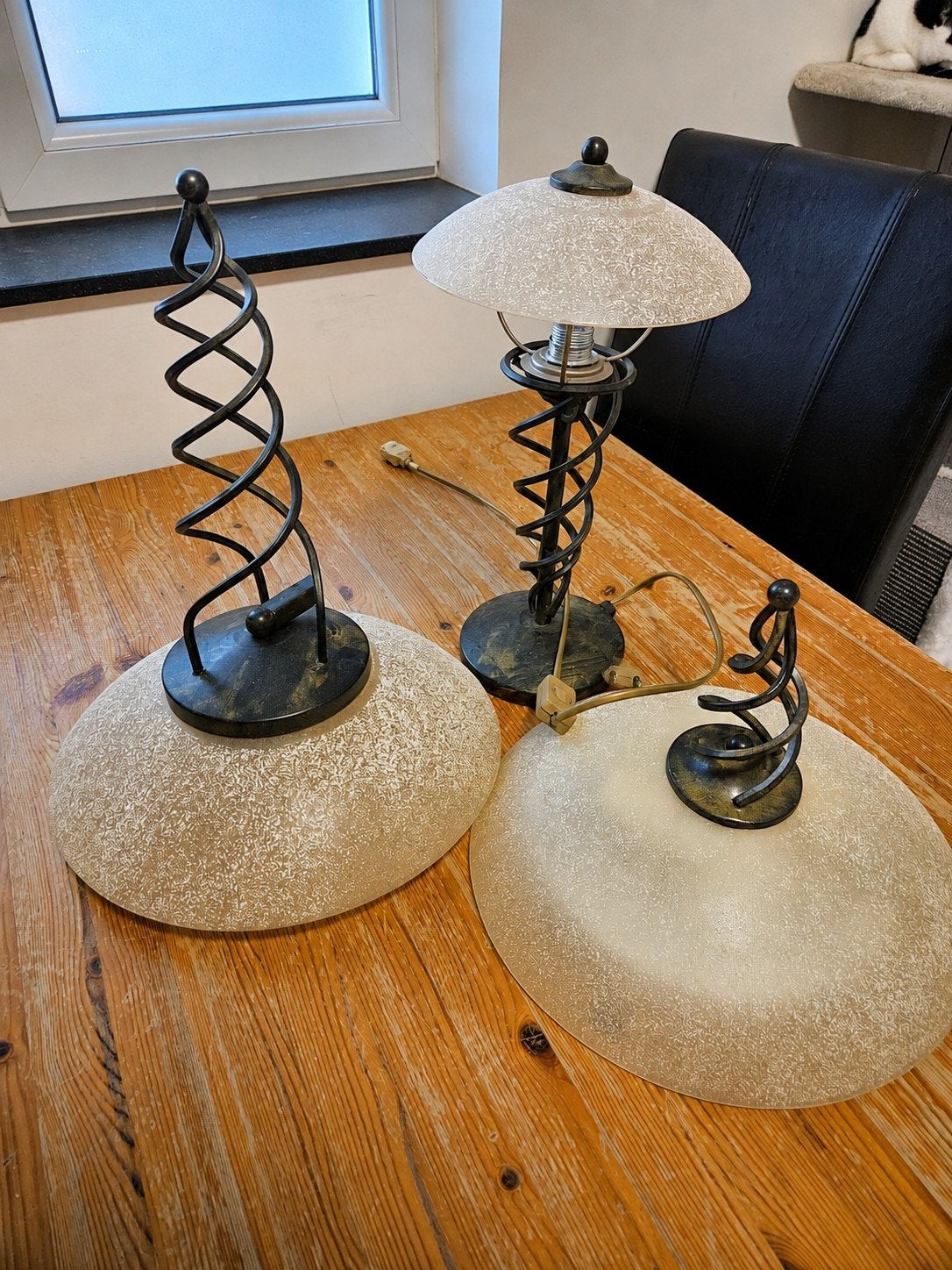 Smeedijzeren lampenset met glazen kappen (3-delig), Huis en Inrichting, Lampen | Hanglampen, Ophalen