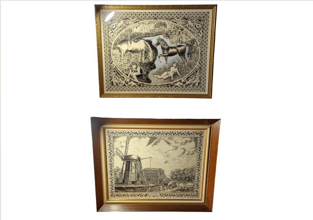 2 vintage 70 handgetekende schilderijen (prijsstuk), Ophalen, Tekening, Potloodtekening, Handgemaakt