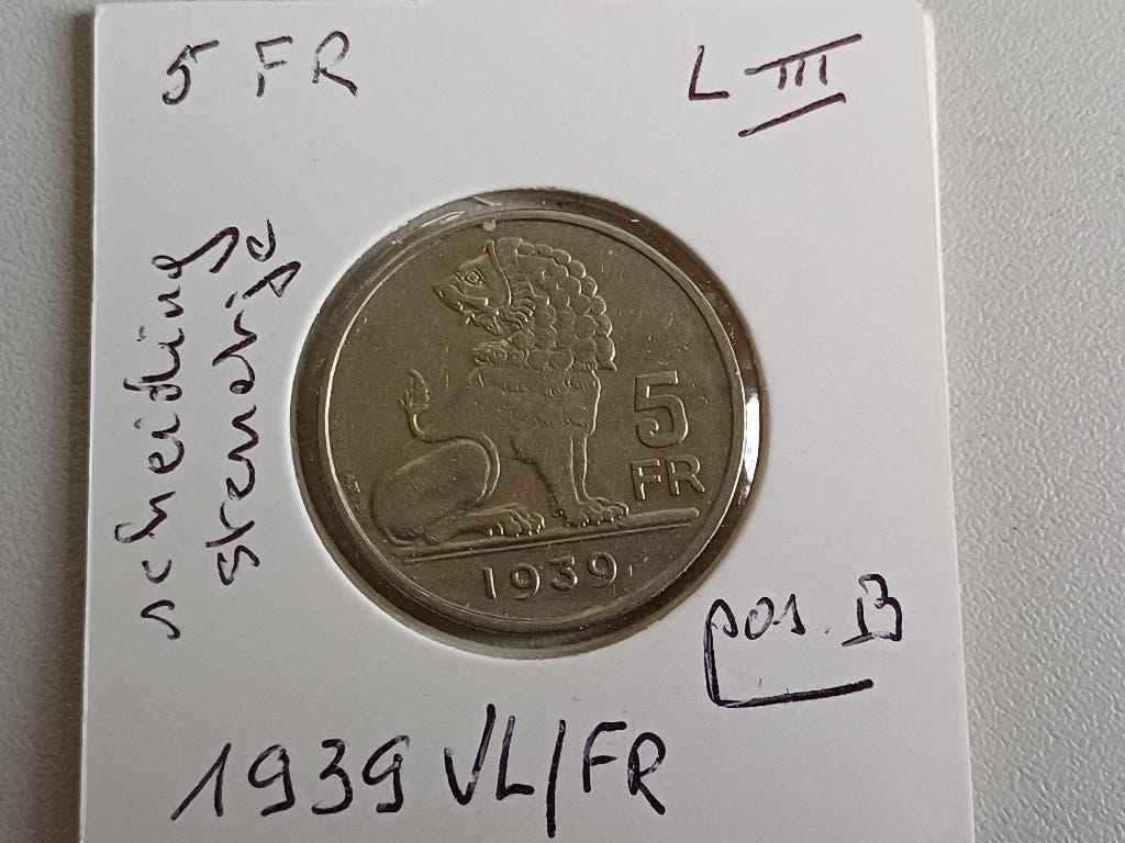 5 frank 1939 VL/FR (pos.B) ster Leopold III, Postzegels en Munten, Ophalen of Verzenden