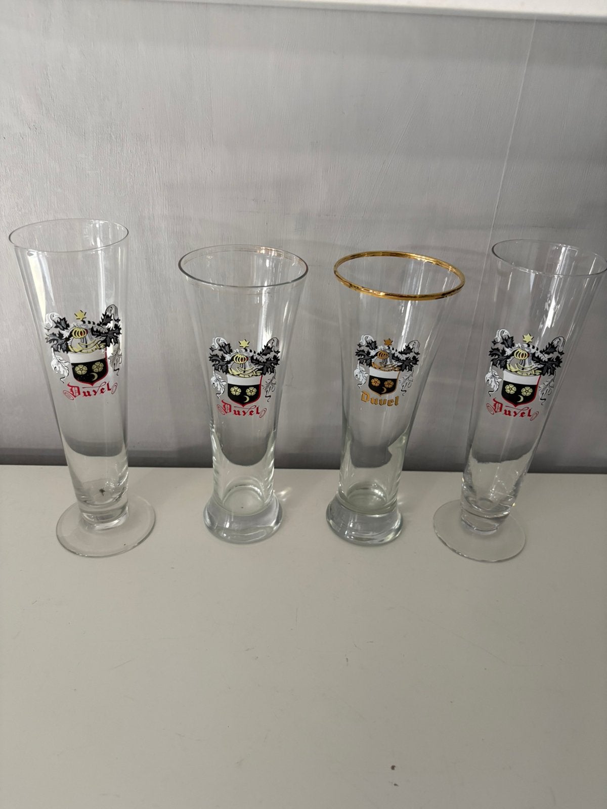 4 oude DUVEL fluitglazen, Verzamelen, Glas en Drinkglazen, Ophalen of Verzenden, Zo goed als nieuw
