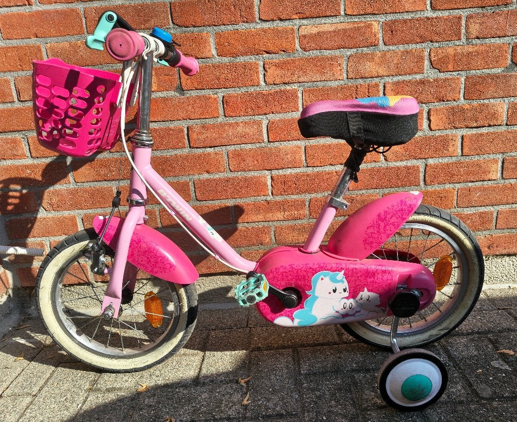 Kinderfiets 14 inch Btwin 3-5 jaar met gel zadelhoes , Fietsen en Brommers, Ophalen, Zijwieltjes, Gebruikt, Velgrem