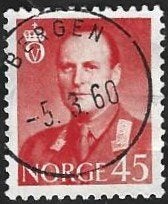 1 Postzegel Noorwegen 1958 Koning Olav V, Postzegels en Munten, Ophalen of Verzenden, Noorwegen, Gestempeld