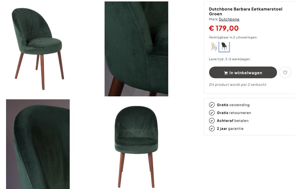 8 x Dutchbone Barbara Eetkamerstoel Groen 60 EUR per stoel, Huis en Inrichting, Ophalen, Zo goed als nieuw, Hout, Vijf, Zes of meer stoelen