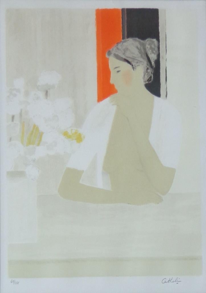 BERNARD CATHELIN / ELEGANTE DAME / LITHO / 87x68cm / KADER, Signé, Enlèvement