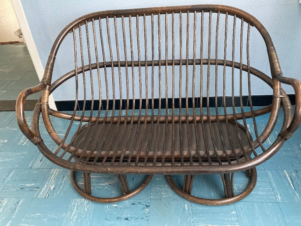Vintage rotan tweezit met draaivoet, Ophalen, 150 tot 200 cm, Tweepersoons, Zo goed als nieuw