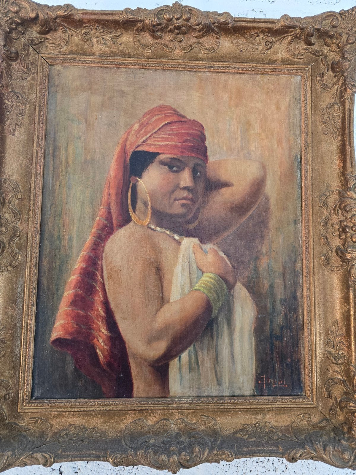 peinture ancienne (signée) de style oriental, Cadre spécial, Portrait ou Personnes, Peinture à l'huile, Enlèvement