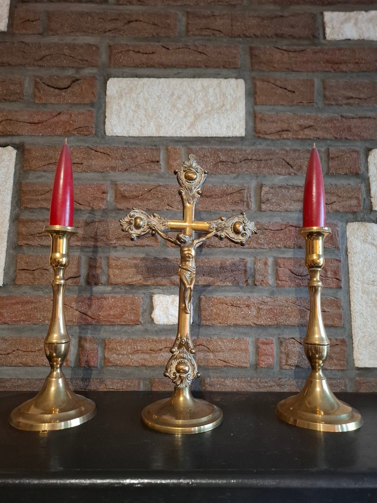 Koperen kruisbeeld + kandelaars, Antiek en Kunst, Ophalen, Koper of Brons