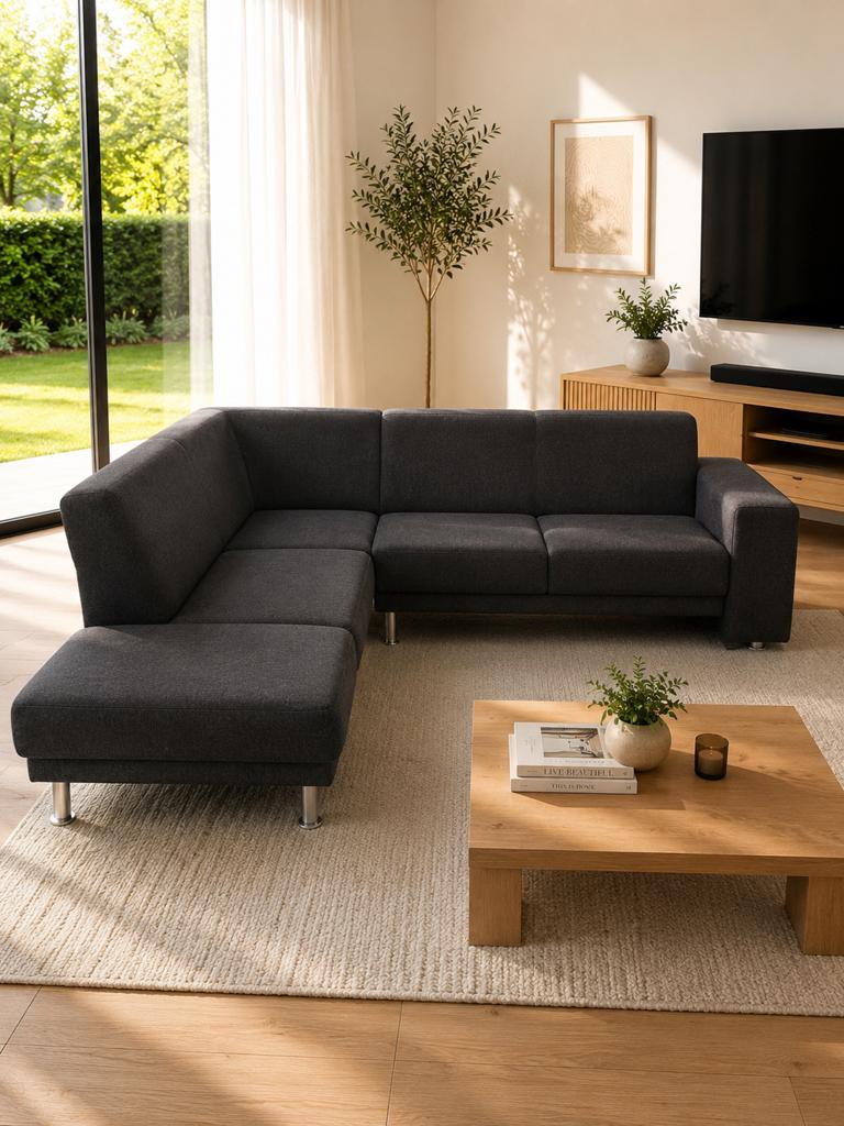 Moderne hoekzetel met longchair – 245 x 220 cm, Huis en Inrichting, Ophalen of Verzenden, Zo goed als nieuw, Stof