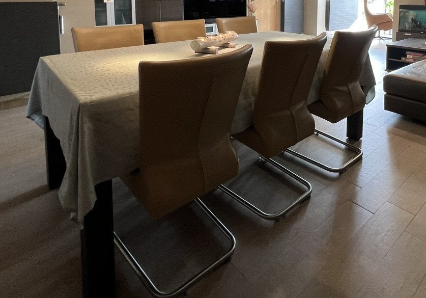 Houtfineer eetkamertafel + 6 lederen stoelen, 150 à 200 cm, Cinq personnes ou plus, Enlèvement, Utilisé