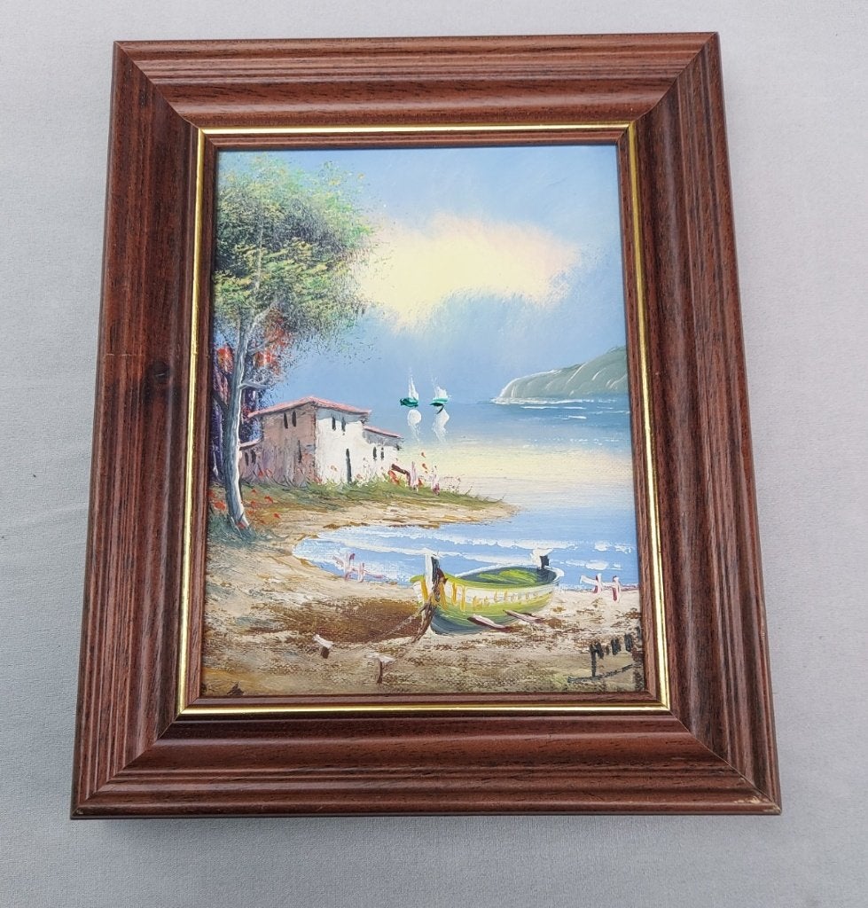 Vintage olieverfschilderij kusttafereel met bootjes., Verzenden, Schilderij
