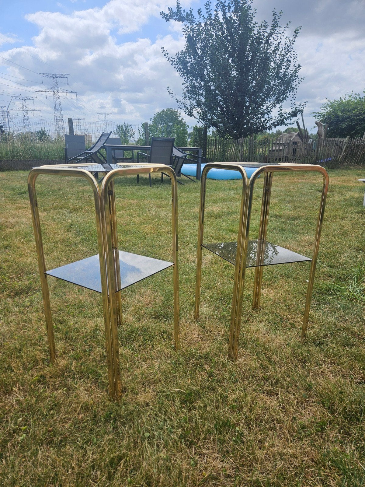 Vintage Hollywood Regency bijzettafels (set van 2) – Goud /, Ophalen, Overige materialen, Minder dan 55 cm, Vintage Hollywood Regency