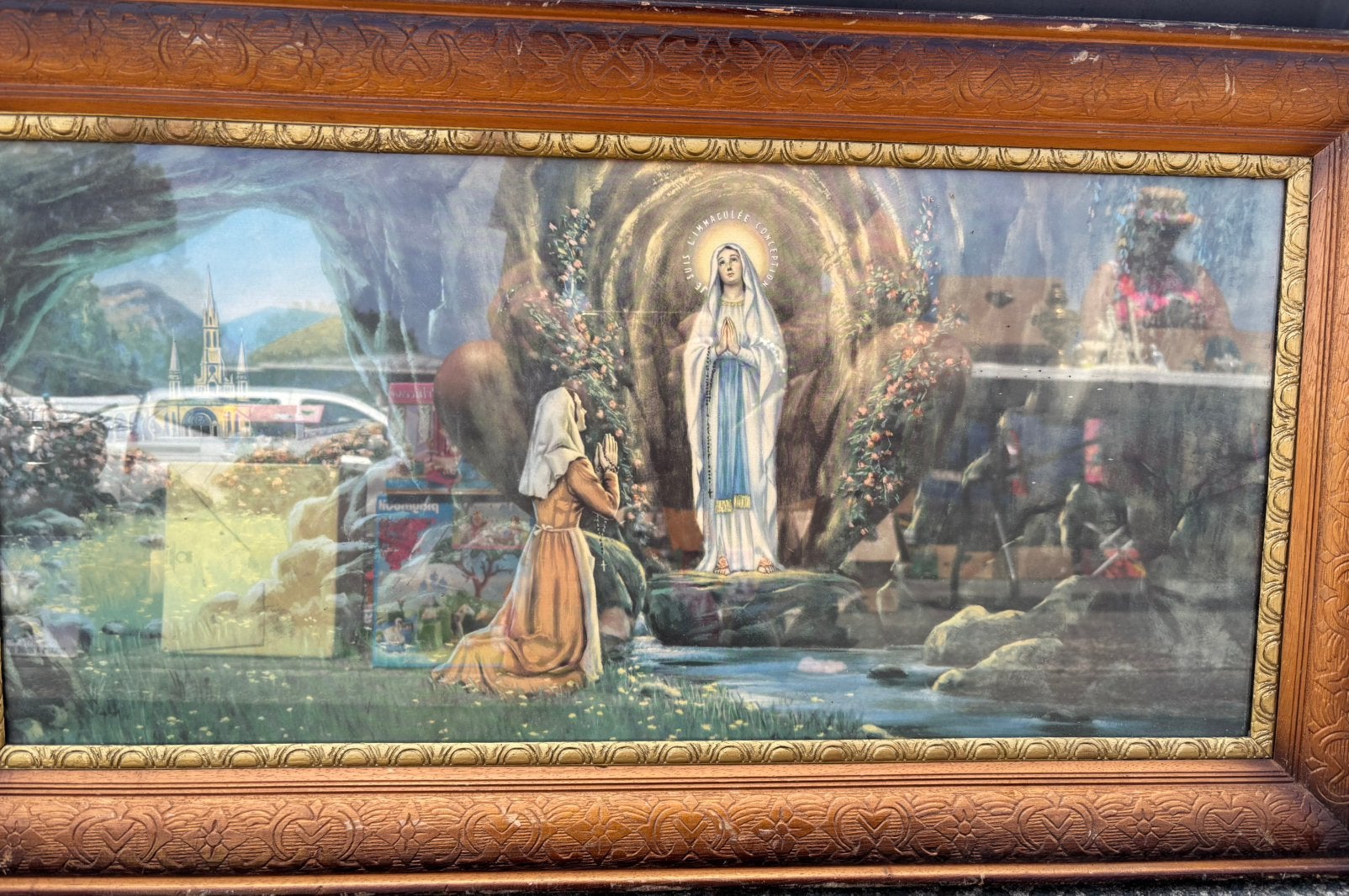 Belle estampe de Mary encadrée derrière une vitre, Enlèvement, Sous verre