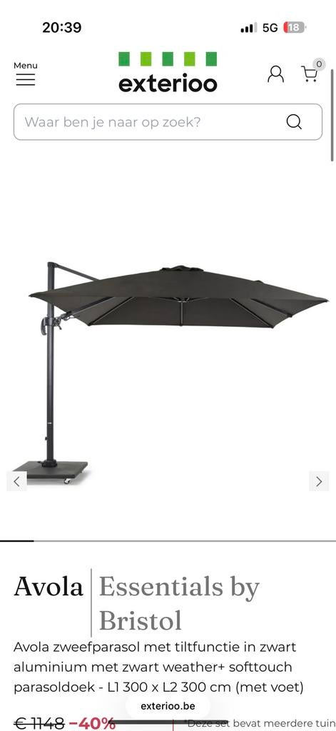 Exterioo parasol 3x3m, 3 à 4 mètres, Comme neuf, Enlèvement, Parasol sur pied