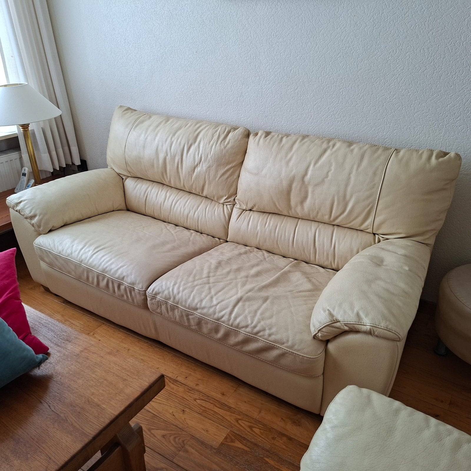 Licht beige dik lederen salon, 3 zit, 2 zit en 1 zit, Huis en Inrichting, Ophalen, Gebruikt, Leer