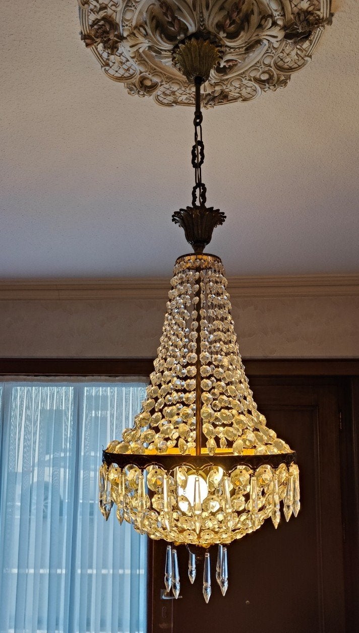Vintage Franse Kristallen Kroonluchter Sac à Perles, Huis en Inrichting, Ophalen of Verzenden, Gebruikt, Glas, E27 (groot)