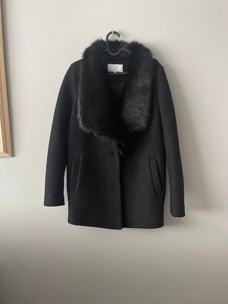 COSTES zwarte jas met bontkraag XS, Zwart, Ophalen of Verzenden, Zo goed als nieuw, Maat 34 (XS) of kleiner