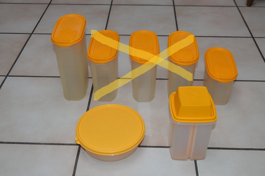 TUPPERWARE Set ovale dozen van Gagn-e-Space + gele schalen, Gebruikt, Bewaardoos, Geel, Ophalen of Verzenden