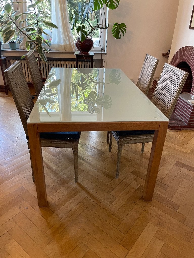Table de salle a manger bois massif et verre, Chêne, 150 à 200 cm, Cinq personnes ou plus, Enlèvement