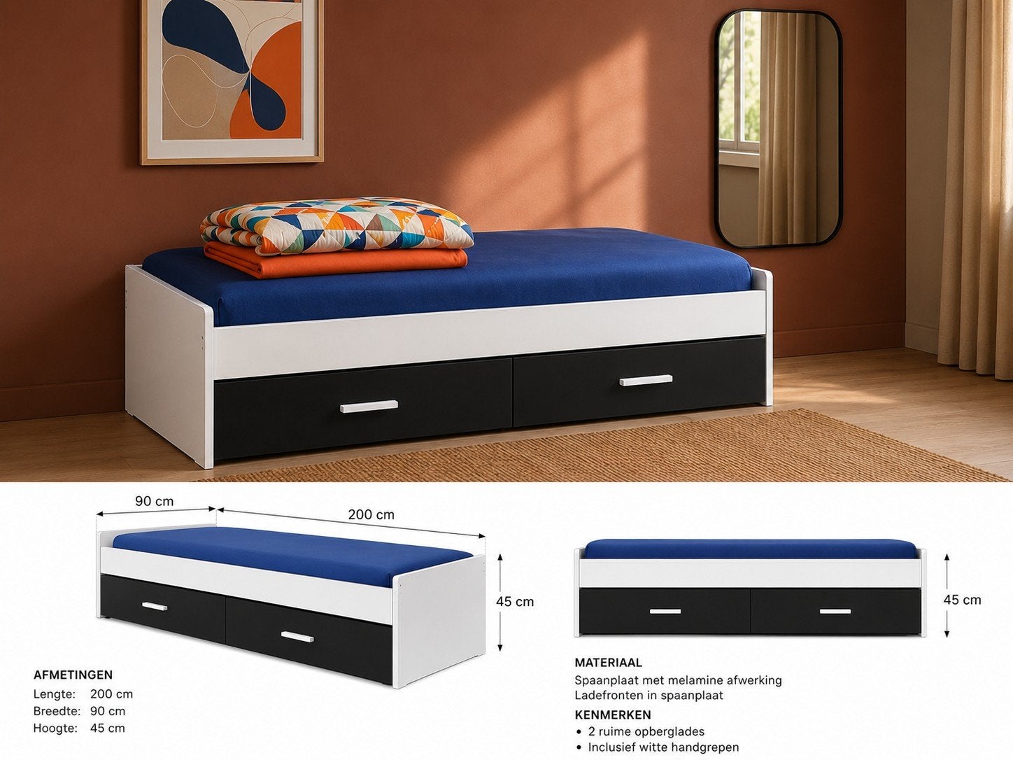 1 lit avec tiroirs, matelas à ressorts et couette inclus, Enlèvement, Comme neuf, Une personne
