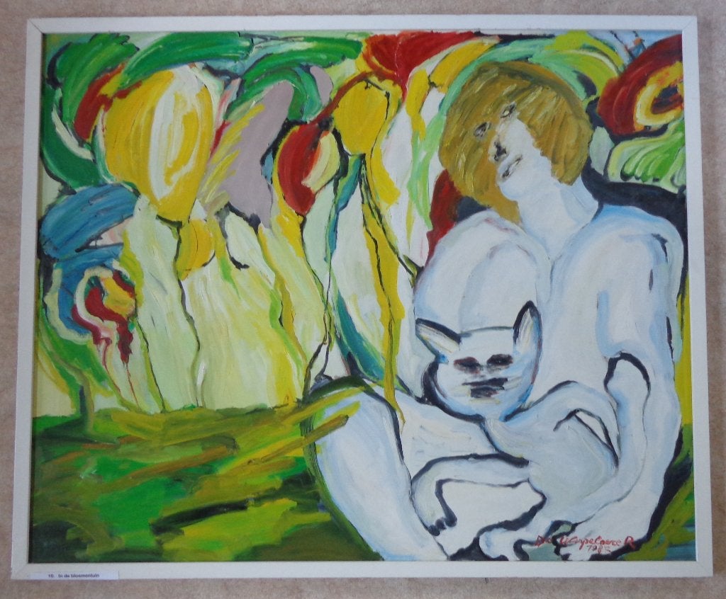 ROBERT DE WISPELAERE / BLOEMENTUIN OLIEVERF 104x126cm KADER, Ophalen, Figuren, Gesigneerd, Hout