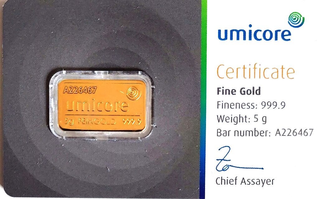 Goud Umicore 5 gram, origineel sealed met certificaat, Postzegels en Munten, Edelmetalen en Baren, Ophalen of Verzenden, Goud