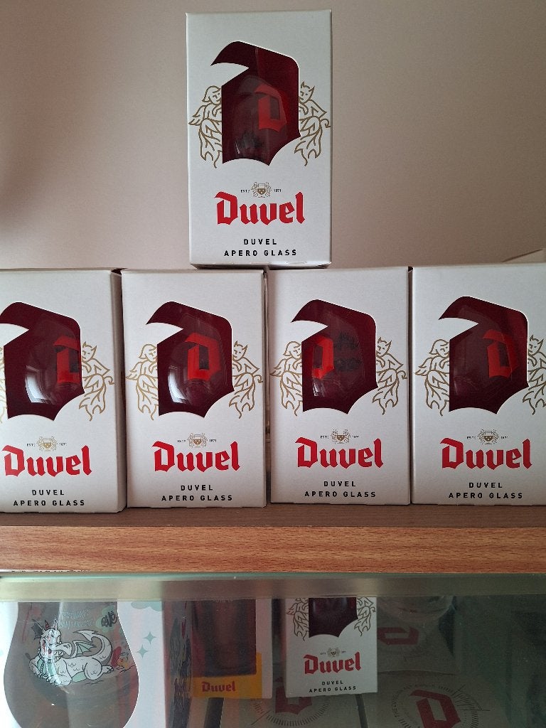 5 duvel apero glaasjes in doos, Ophalen, Nieuw, Bierglas