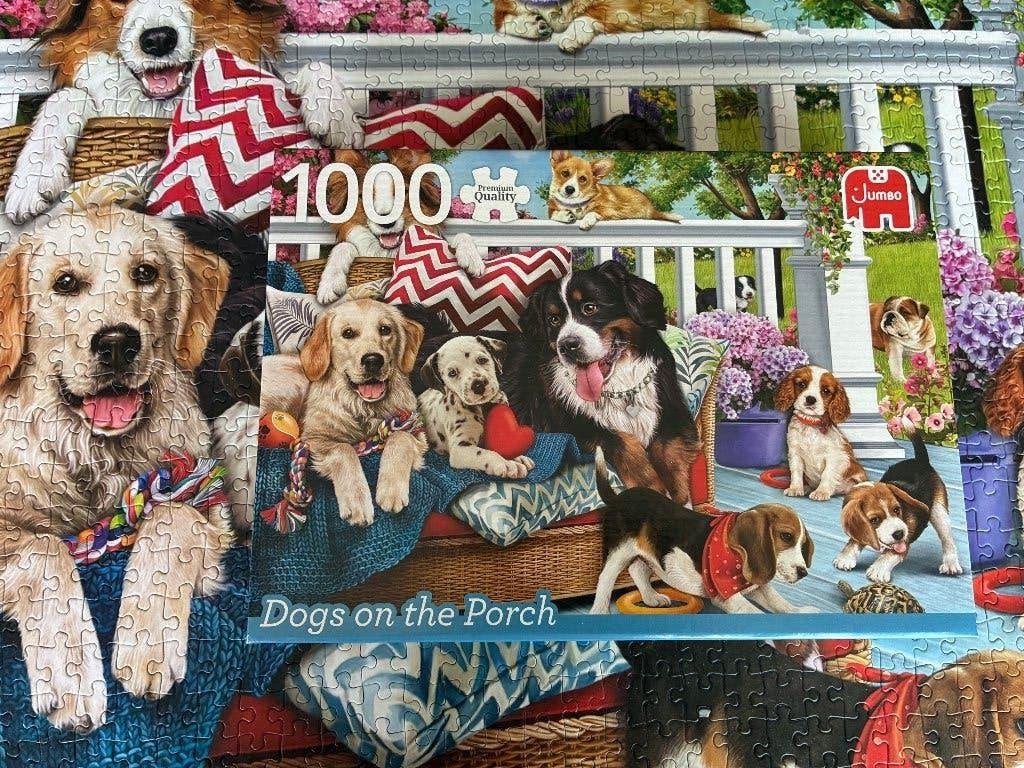 Puzzle 1000 pièces : Dogs on the Porch - Jumbo, Enlèvement ou Envoi, 500 à 1500 pièces, Comme neuf, Puzzle