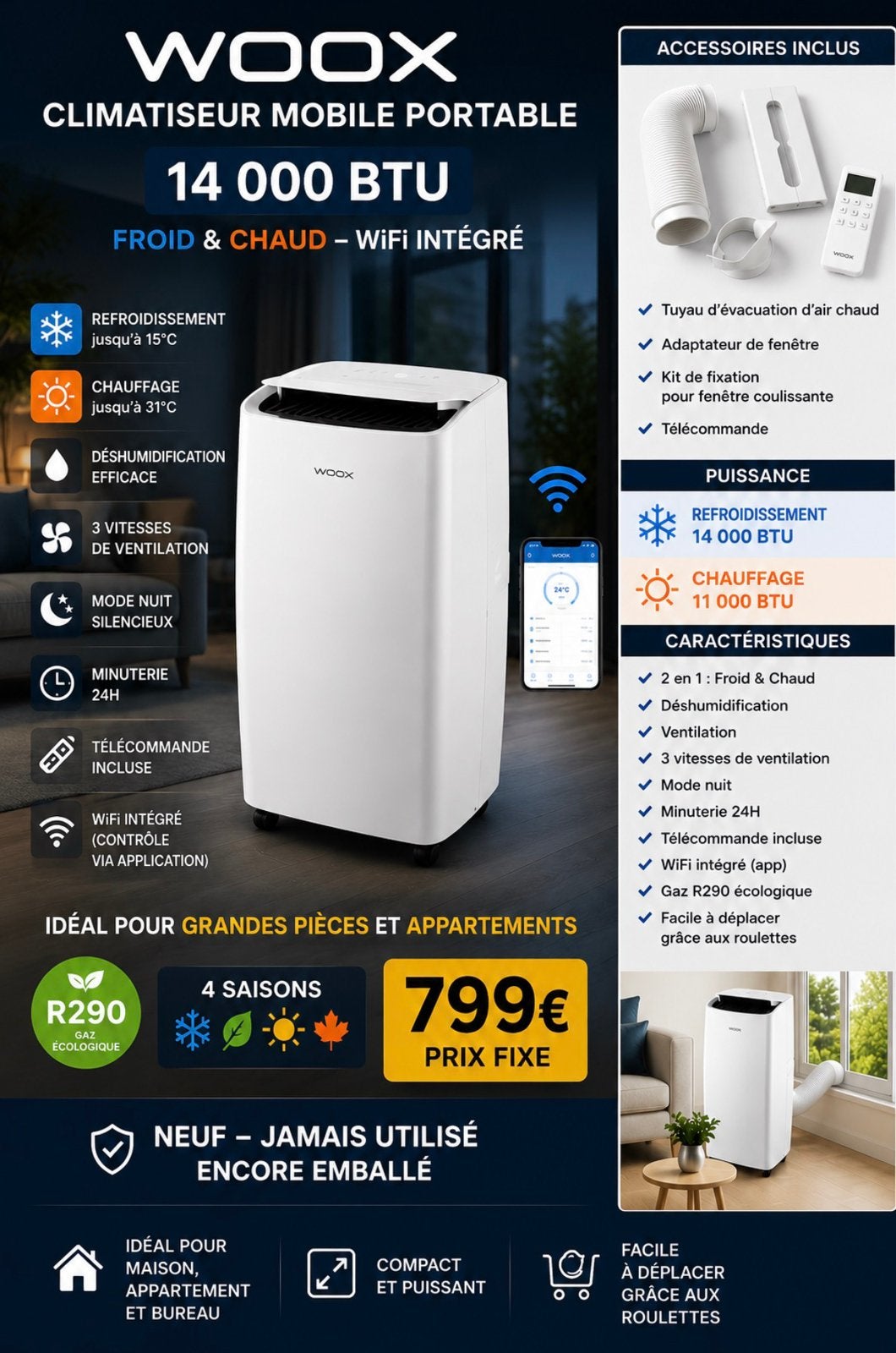 Climatiseur mobile 14.000 BTU Neuf!!!, Electroménager, Climatiseurs, Neuf, Climatiseur mobile, 3 vitesses ou plus, Refroidissement et Déshumidification
