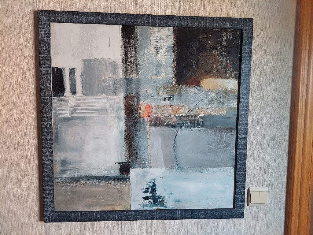 abstract werk in metalen donker kader 78 x 78 cm, Ophalen, Reproductie, Print/reproductie, Achter glas