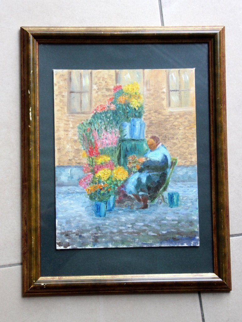 schilderij olieverf bloemen verkoopster + mooie kader, Antiek en Kunst, Kunst | Schilderijen | Klassiek, Ophalen of Verzenden