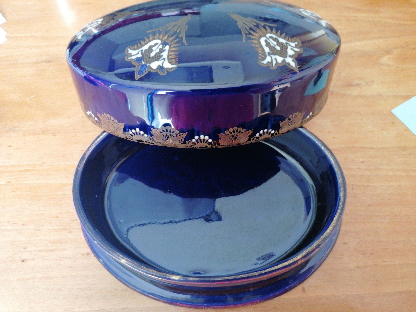 Art nouveau dekselpot Luneville. Kobaltblauw met wit en goud, Ophalen