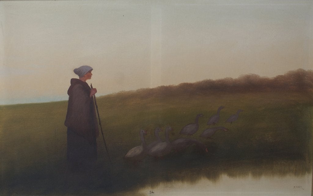 H. Raes: Ganzenhoedster (O/D, 99 x 70 cm), Enlèvement, Signé