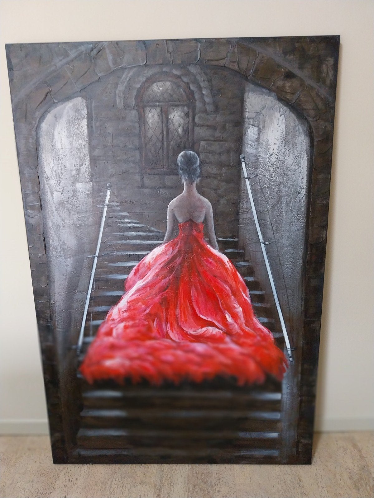 Schilderij van vrouw in rood op de trap, Enlèvement, Peinture