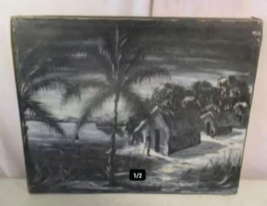 Mooi Geschilderd Werk 'Afrikaans Dorpje bij Nacht' - 57x47, Antiek en Kunst, Ophalen of Verzenden, Handgeschilderd, Landschap